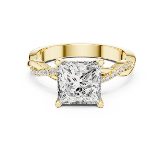 Princess Cut Hidden Halo Twist Moissanite Engagement Ring in yellow 925 sterling silver, view 4