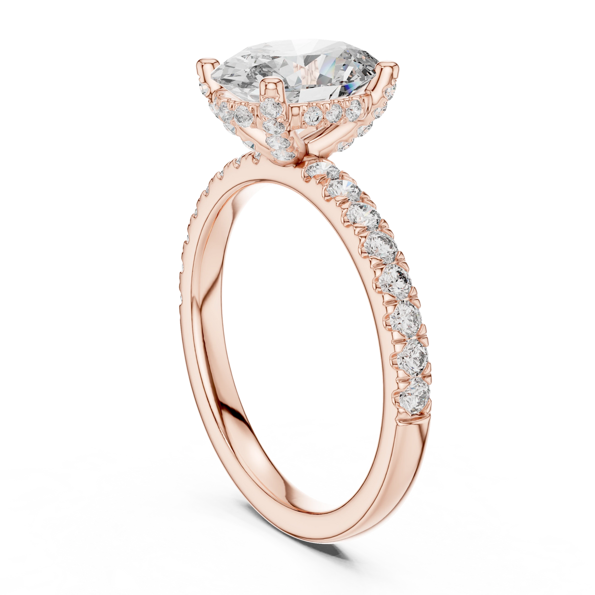 Oval Hidden Halo Pavé Band Moissanite Engagement Ring in rose 925 sterling silver, view 1