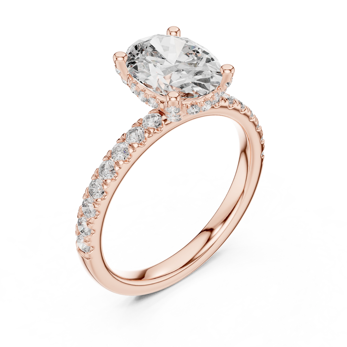 Oval Hidden Halo Pavé Band Moissanite Engagement Ring in rose 925 sterling silver, view 2