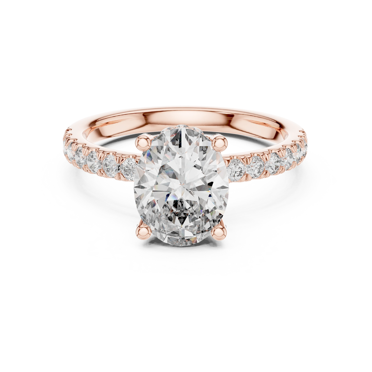 Oval Hidden Halo Pavé Band Moissanite Engagement Ring in rose 925 sterling silver, view 4