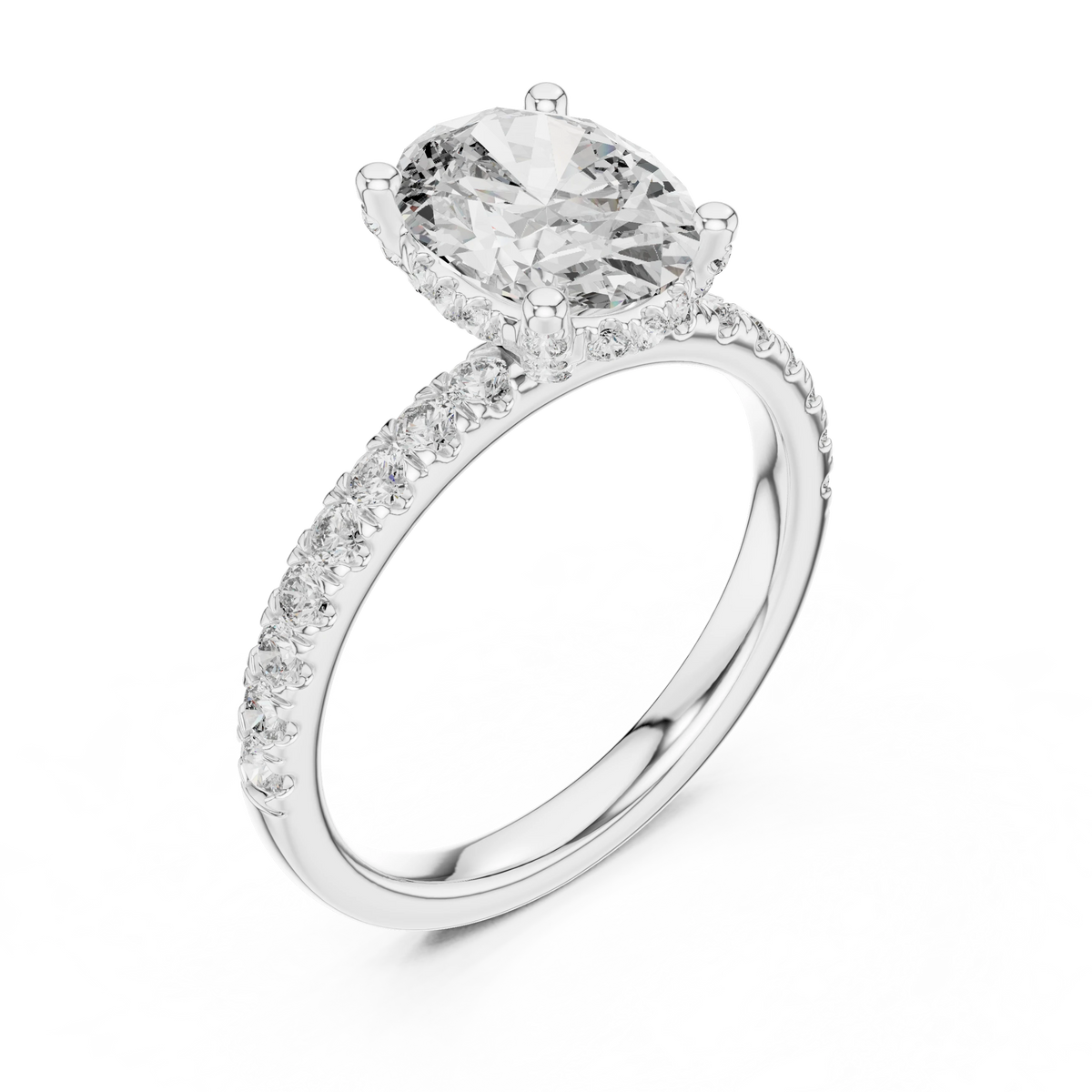 Oval Hidden Halo Pavé Band Moissanite Engagement Ring in white 925 sterling silver, view 2