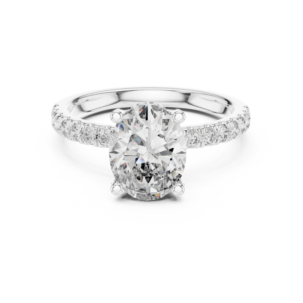 Oval Hidden Halo Pavé Band Moissanite Engagement Ring in white 925 sterling silver, view 4