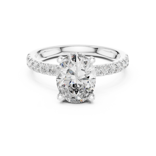 Oval Hidden Halo Pavé Band Moissanite Engagement Ring in white 925 sterling silver, view 4