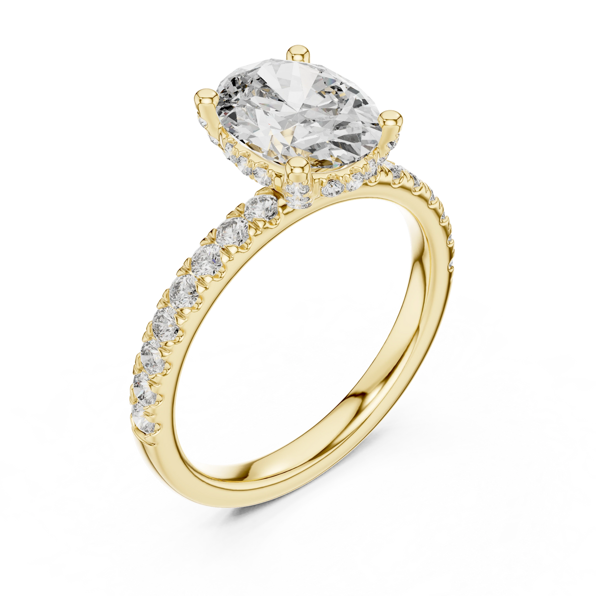 Oval Hidden Halo Pavé Band Moissanite Engagement Ring in yellow 925 sterling silver, view 2