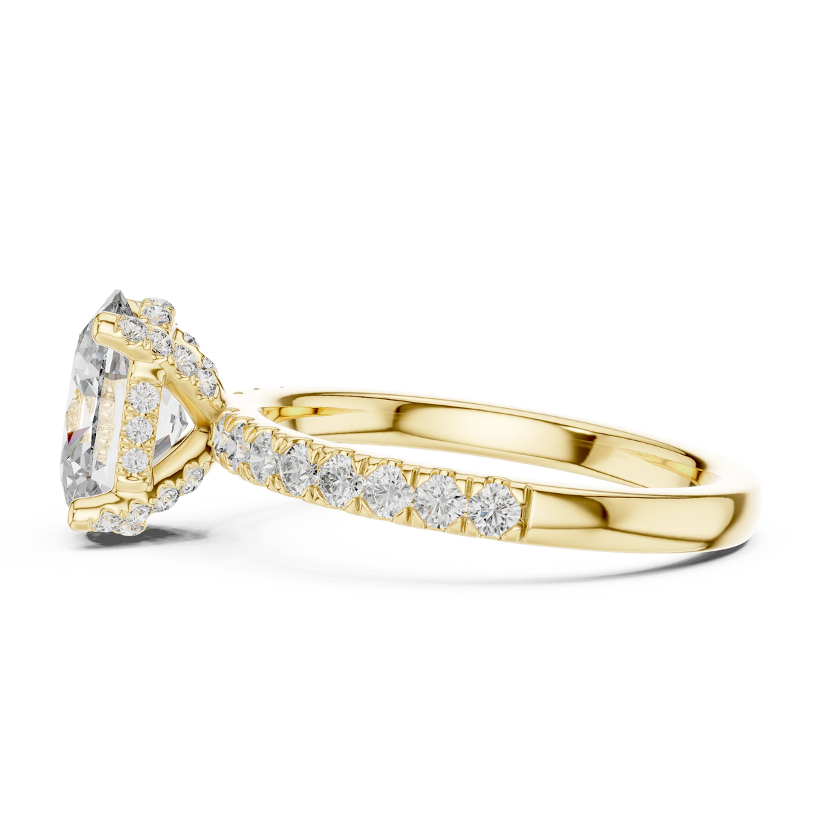 Oval Hidden Halo Pavé Band Moissanite Engagement Ring in yellow 925 sterling silver, view 3