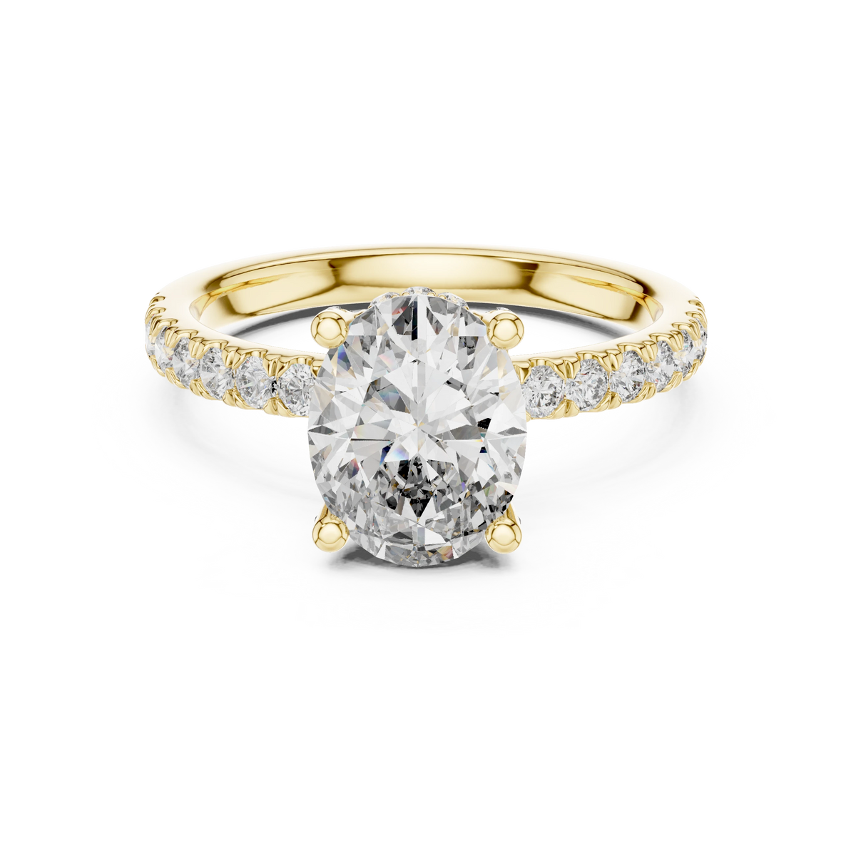 Oval Hidden Halo Pavé Band Moissanite Engagement Ring in yellow 925 sterling silver, view 4