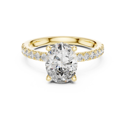 Oval Hidden Halo Pavé Band Moissanite Engagement Ring in yellow 925 sterling silver, view 4