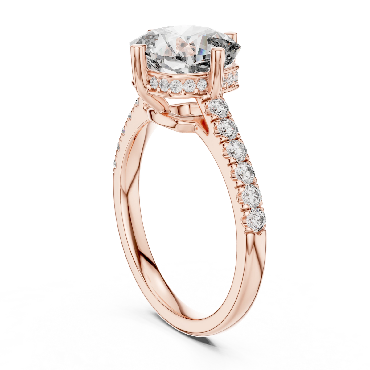 Cushion Compass Prong Hidden Halo Moissanite Engagement Ring in rose 925 sterling silver, view 1