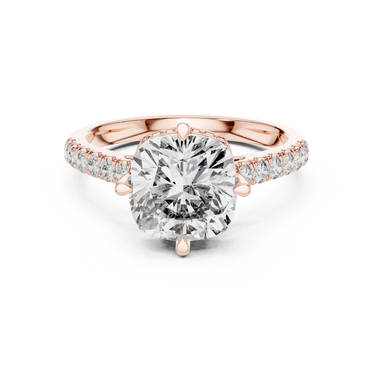 Cushion Compass Prong Hidden Halo Moissanite Engagement Ring in rose 925 sterling silver, view 4