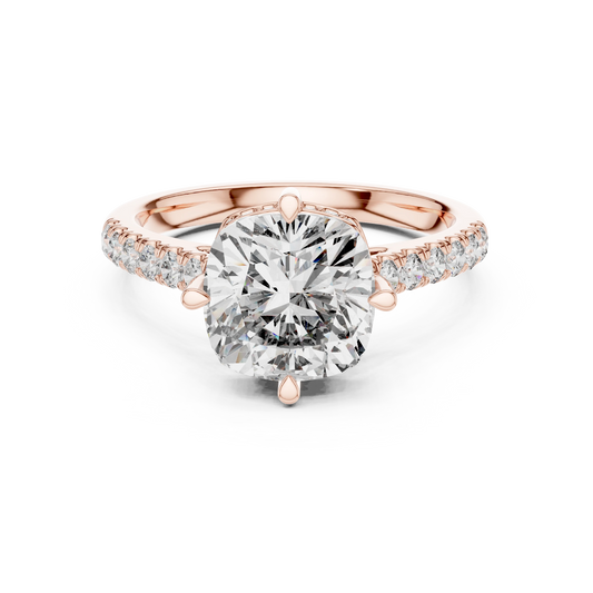 Cushion Compass Prong Hidden Halo Moissanite Engagement Ring in rose 925 sterling silver, view 4