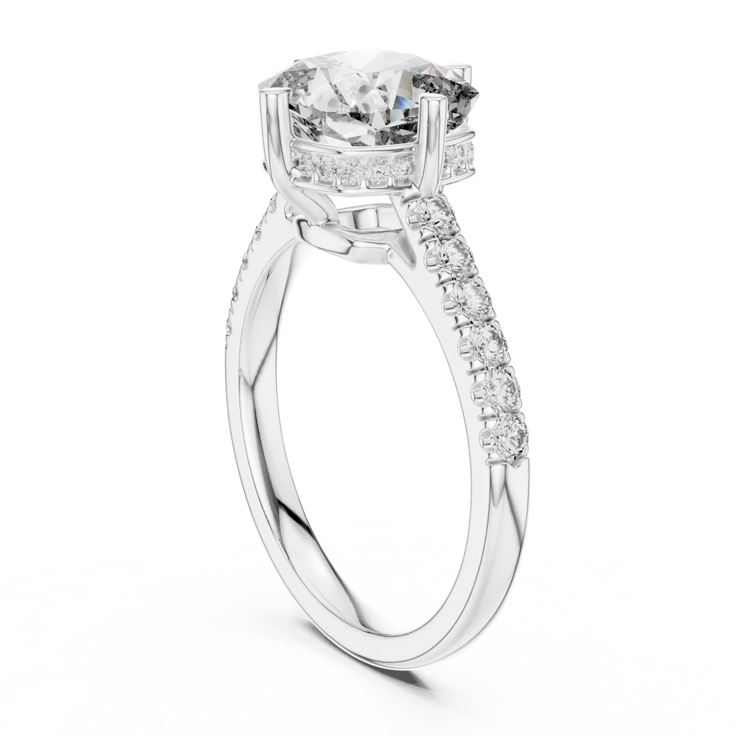 Cushion Compass Prong Hidden Halo Moissanite Engagement Ring in white 925 sterling silver, view 1