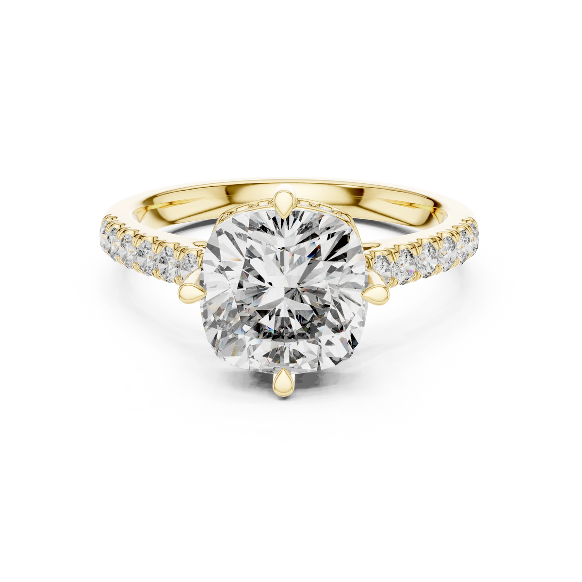 Cushion Compass Prong Hidden Halo Moissanite Engagement Ring in yellow 925 sterling silver, view 4