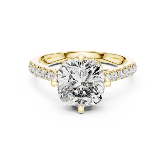 Cushion Compass Prong Hidden Halo Moissanite Engagement Ring in yellow 925 sterling silver, view 4