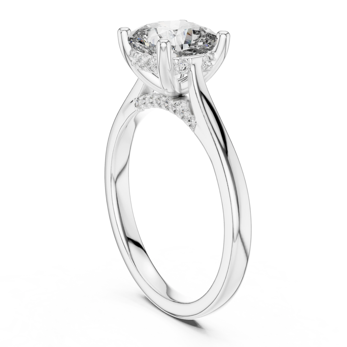 Cushion Cathedral Hidden Halo Moissanite Engagement Ring in white 925 sterling silver, view 1