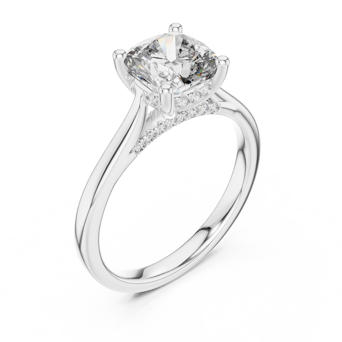 Cushion Cathedral Hidden Halo Moissanite Engagement Ring in white 925 sterling silver, view 2