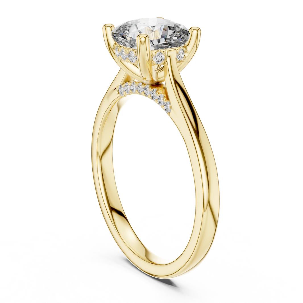 Cushion Cathedral Hidden Halo Moissanite Engagement Ring in yellow 925 sterling silver, view 1