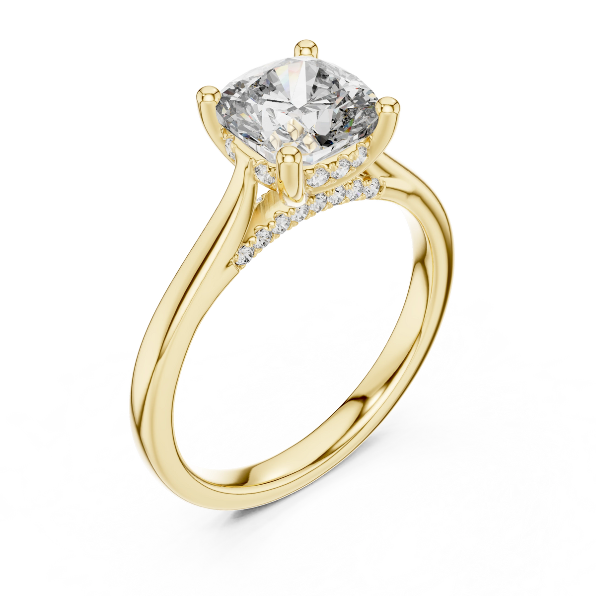 Cushion Cathedral Hidden Halo Moissanite Engagement Ring in yellow 925 sterling silver, view 2