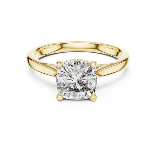 Cushion Cathedral Hidden Halo Moissanite Engagement Ring in yellow 925 sterling silver, view 4