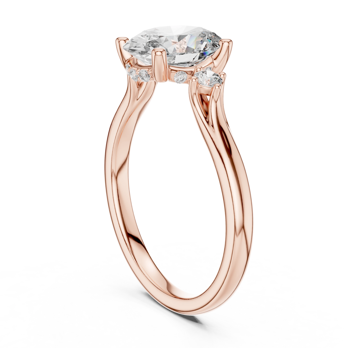 Oval Three Stone Split Shoulder Moissanite Engagement Ring in rose 925 sterling silver, view 1