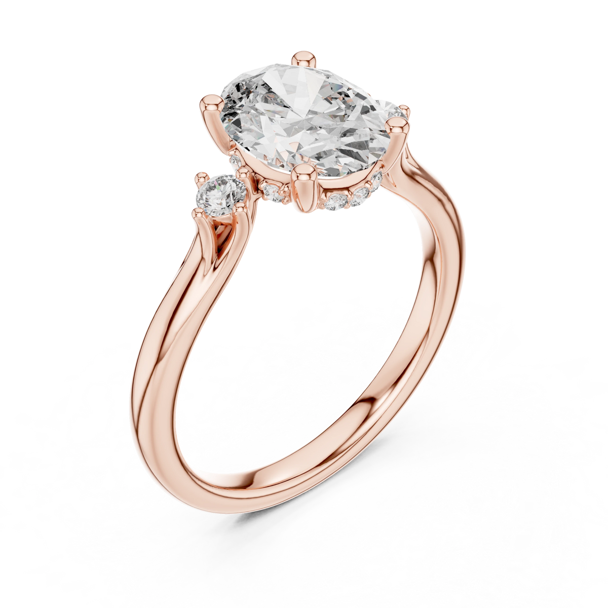 Oval Three Stone Split Shoulder Moissanite Engagement Ring in rose 925 sterling silver, view 2