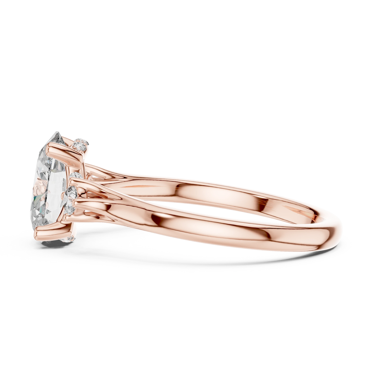 Oval Three Stone Split Shoulder Moissanite Engagement Ring in rose 925 sterling silver, view 3
