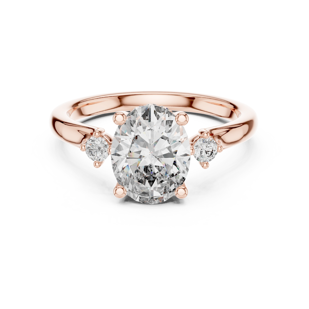 Oval Three Stone Split Shoulder Moissanite Engagement Ring in rose 925 sterling silver, view 4