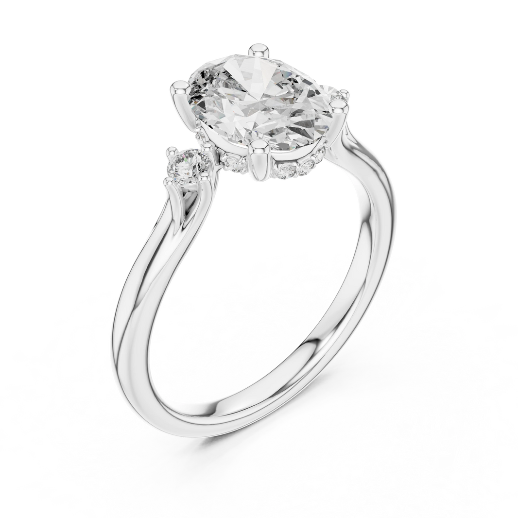 Oval Three Stone Split Shoulder Moissanite Engagement Ring in white 925 sterling silver, view 2