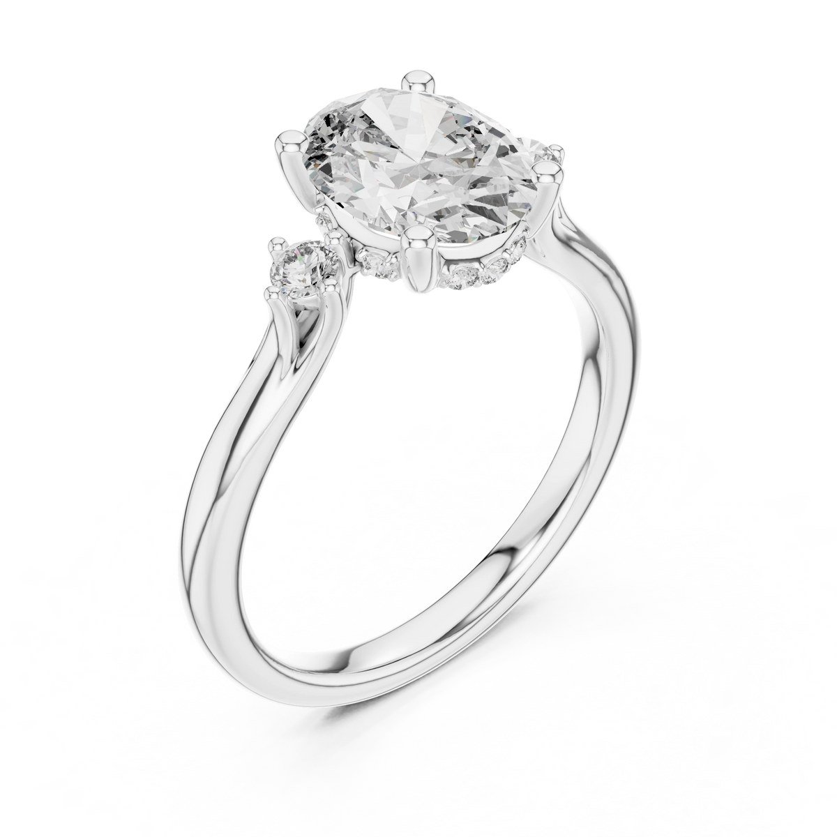 Oval Three Stone Split Shoulder Moissanite Engagement Ring in white 925 sterling silver, view 2