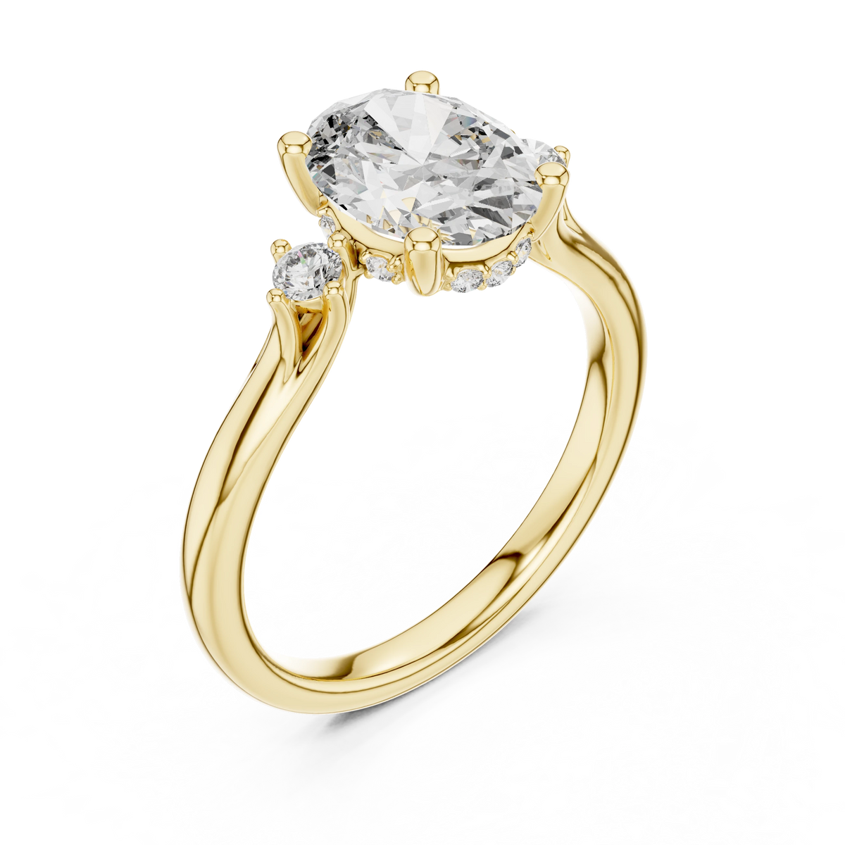 Oval Three Stone Split Shoulder Moissanite Engagement Ring in yellow 925 sterling silver, view 2