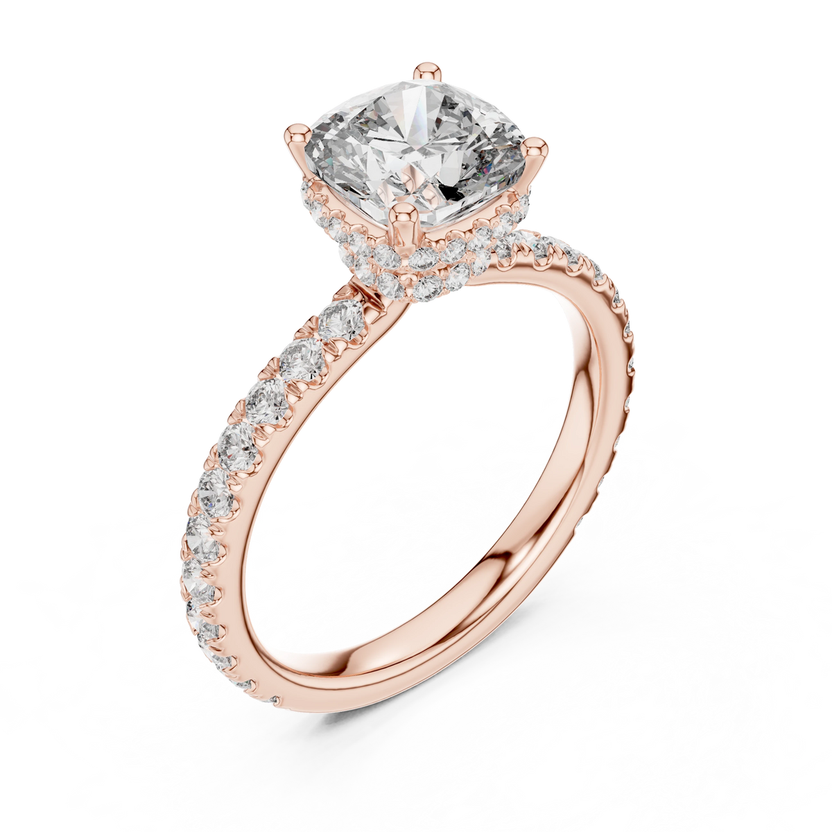 Cushion Double Hidden Halo Pavé Moissanite Engagement Ring in rose 925 sterling silver, view 2