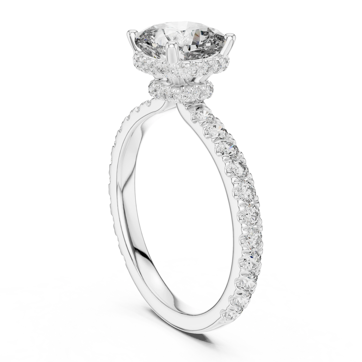 Cushion Double Hidden Halo Pavé Moissanite Engagement Ring in white 925 sterling silver, view 1