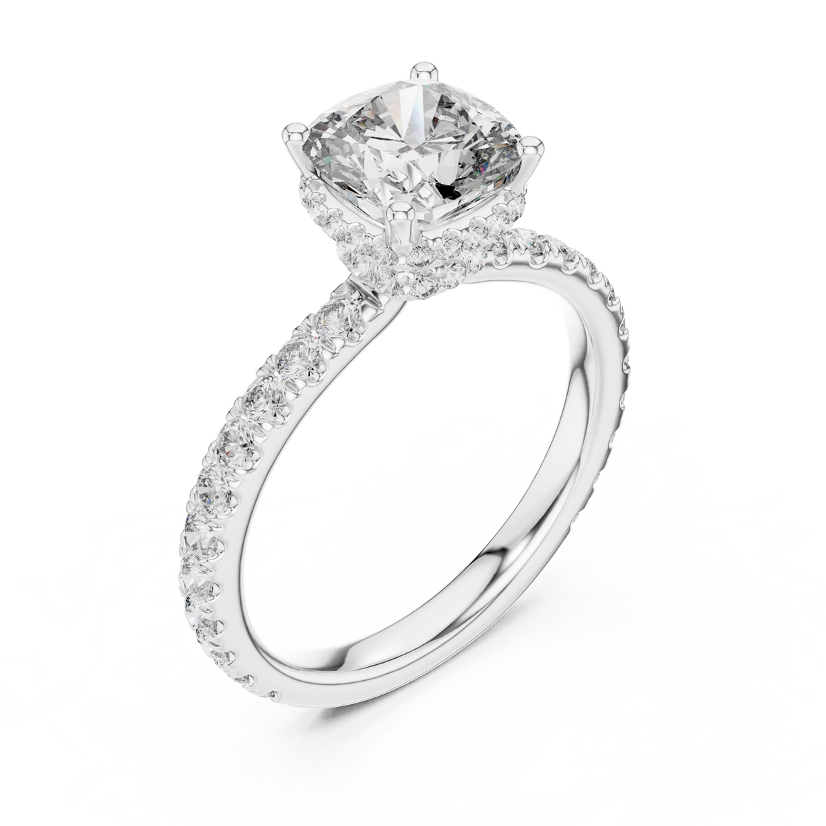 Cushion Double Hidden Halo Pavé Moissanite Engagement Ring in white 925 sterling silver, view 2