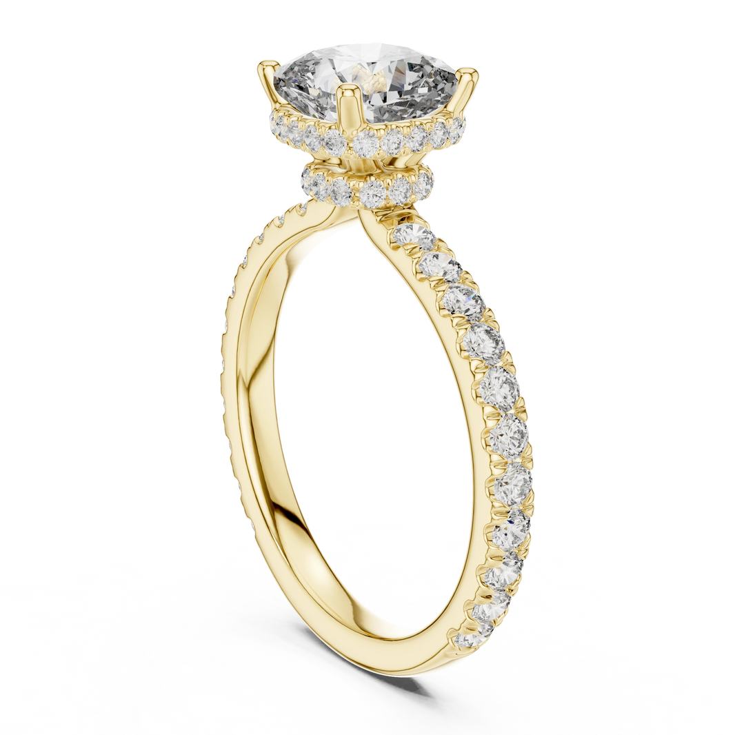 Cushion Double Hidden Halo Pavé Moissanite Engagement Ring in yellow 925 sterling silver, view 1