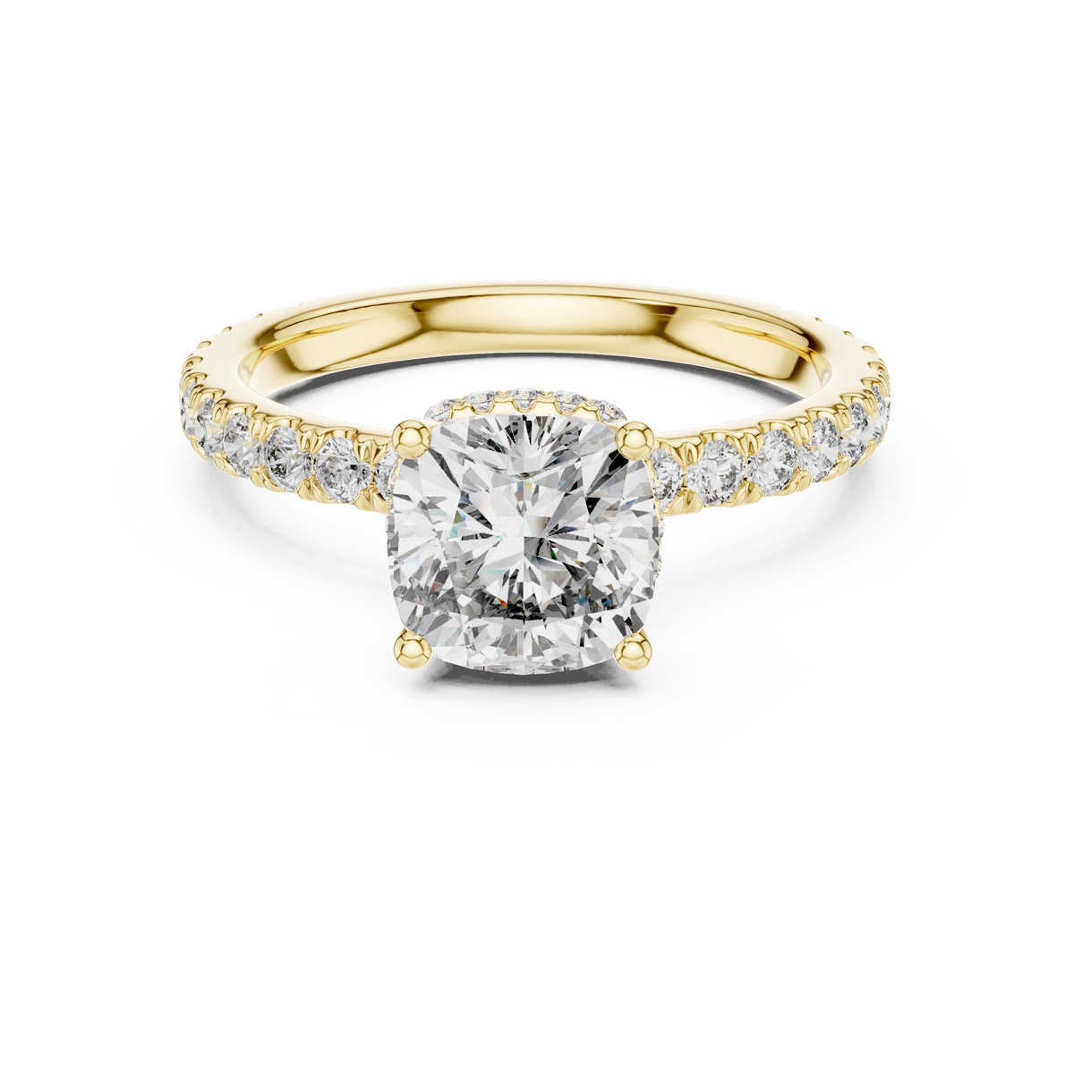 Cushion Double Hidden Halo Pavé Moissanite Engagement Ring in yellow 925 sterling silver, view 4