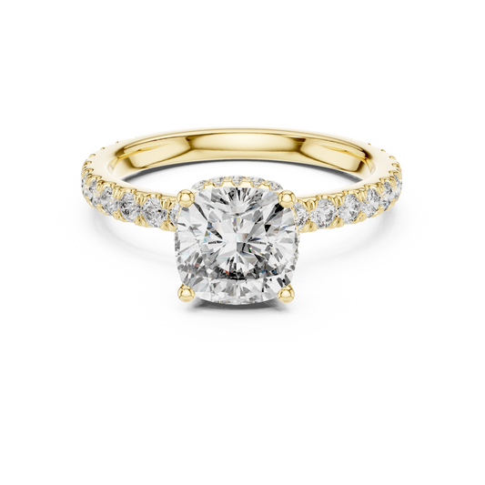 Cushion Double Hidden Halo Pavé Moissanite Engagement Ring in yellow 925 sterling silver, view 4