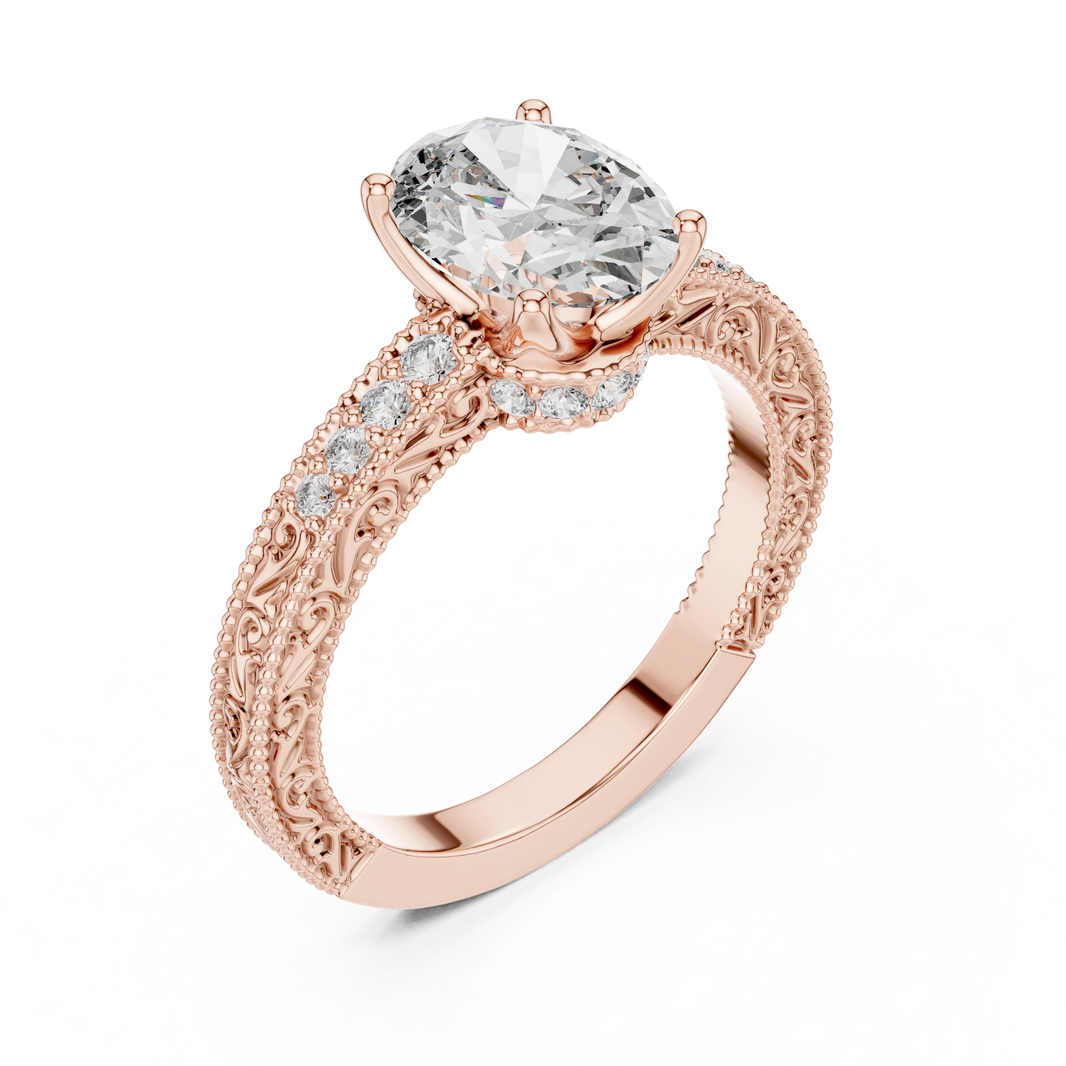 Oval Vintage Filigree Milgrain Moissanite Engagement Ring in rose 925 sterling silver, view 2