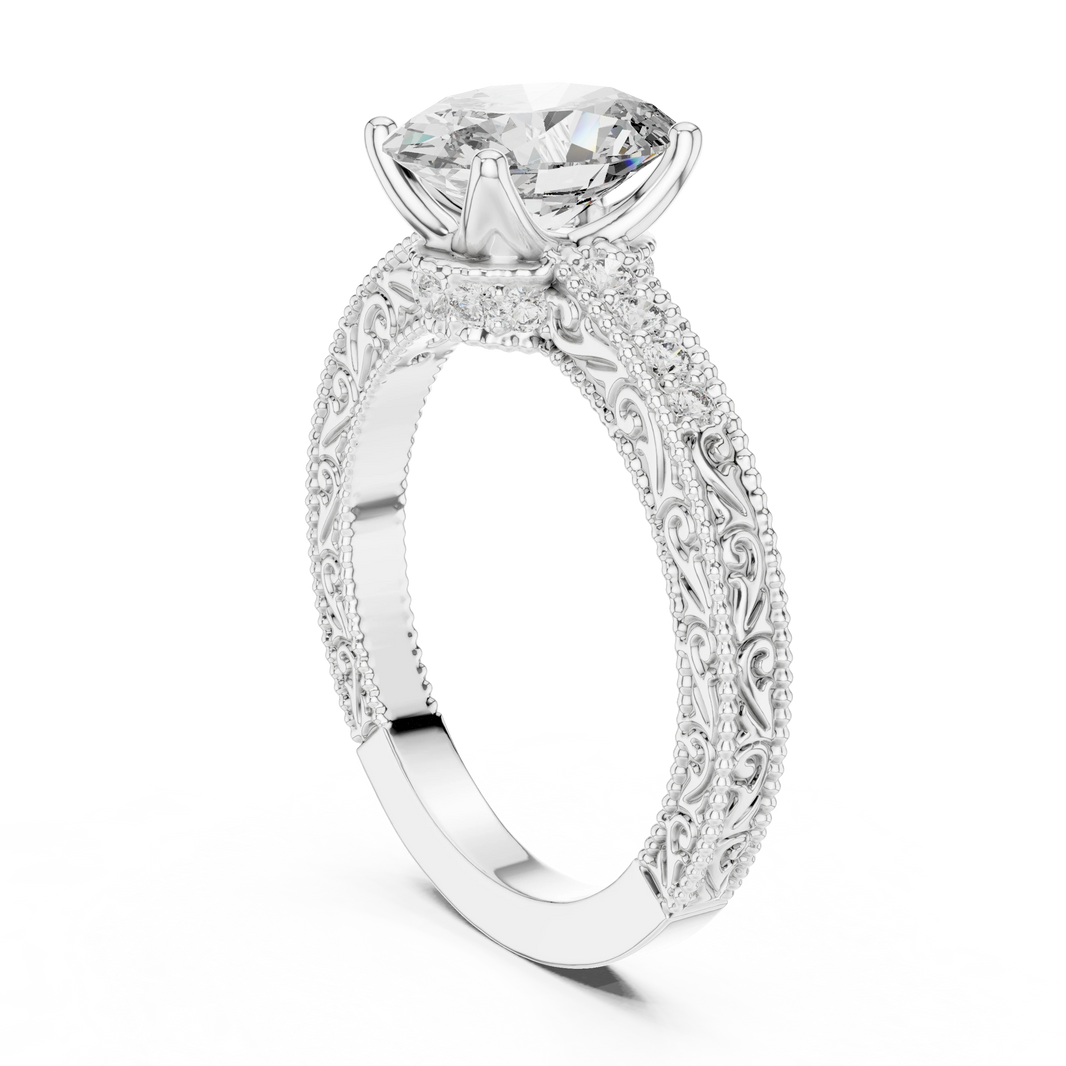 Oval Vintage Filigree Milgrain Moissanite Engagement Ring in white 925 sterling silver, view 1