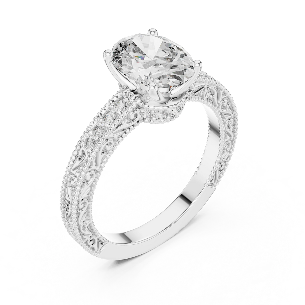 Oval Vintage Filigree Milgrain Moissanite Engagement Ring in white 925 sterling silver, view 2