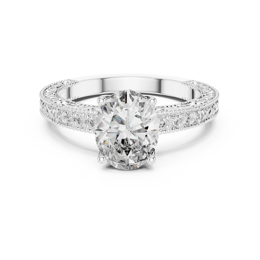 Oval Vintage Filigree Milgrain Moissanite Engagement Ring in white 925 sterling silver, view 4