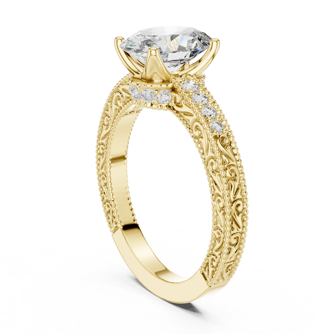 Oval Vintage Filigree Milgrain Moissanite Engagement Ring in yellow 925 sterling silver, view 1