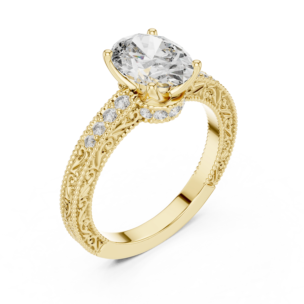 Oval Vintage Filigree Milgrain Moissanite Engagement Ring in yellow 925 sterling silver, view 2