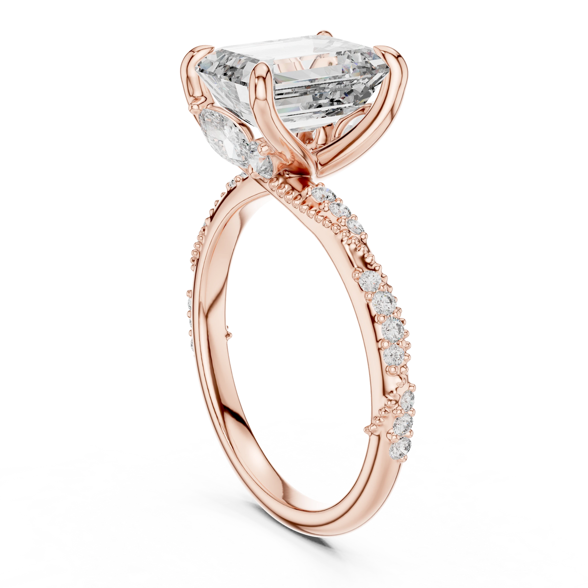 Emerald Cut Twisted Vine Moissanite Engagement Ring in rose 925 sterling silver, view 1