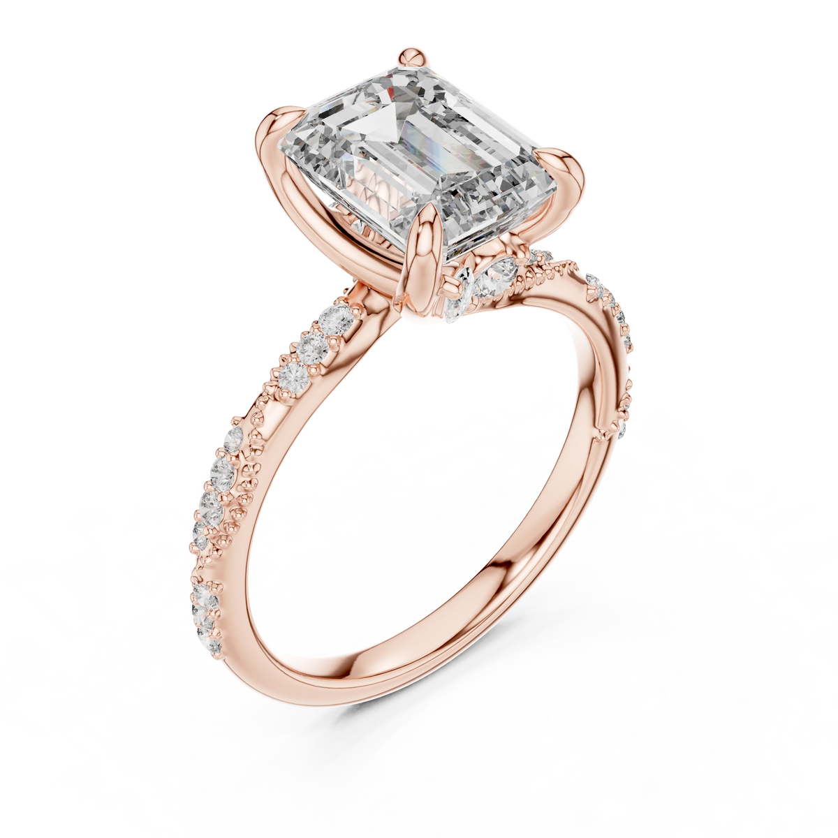 Emerald Cut Twisted Vine Moissanite Engagement Ring in rose 925 sterling silver, view 2