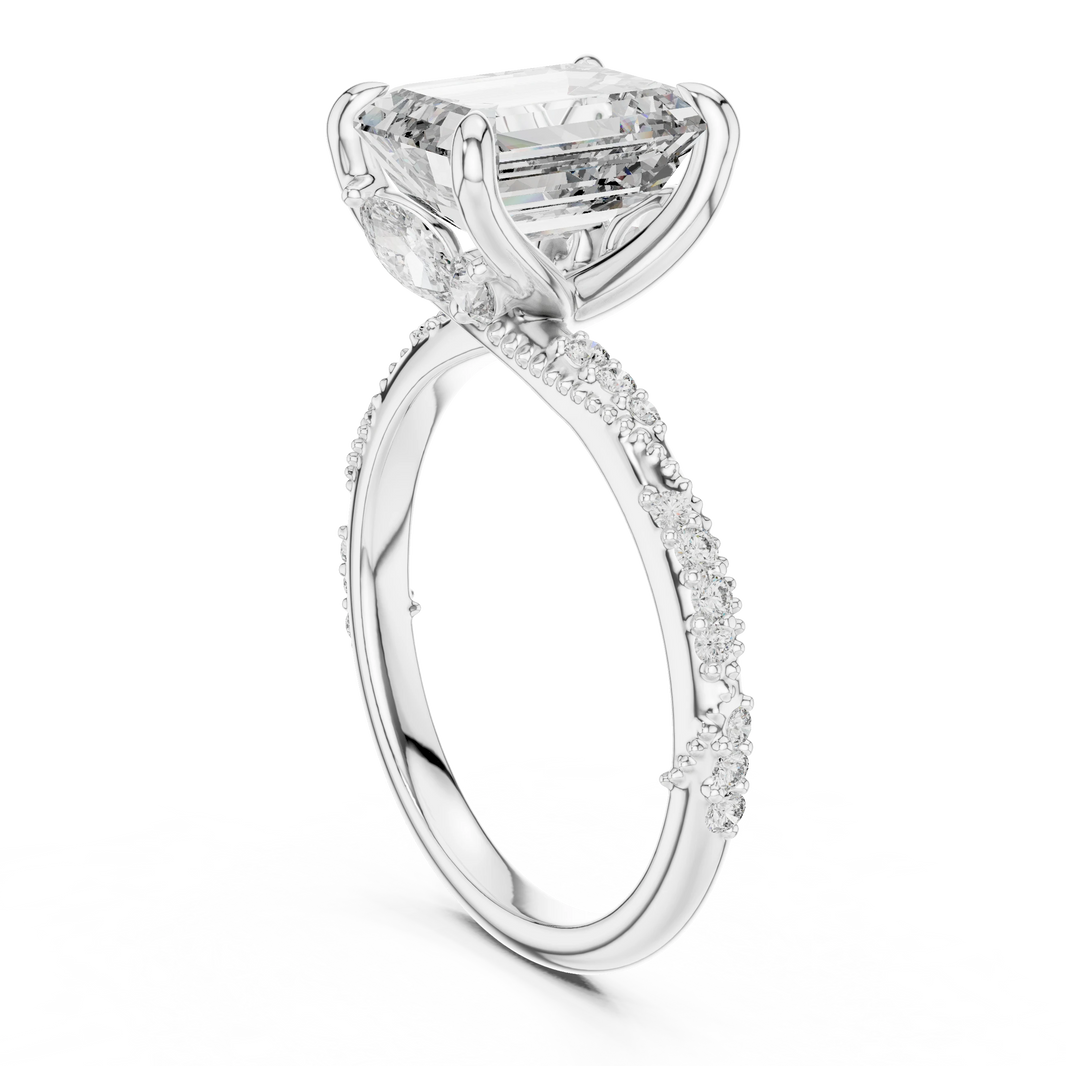 Emerald Cut Twisted Vine Moissanite Engagement Ring in white 925 sterling silver, view 1