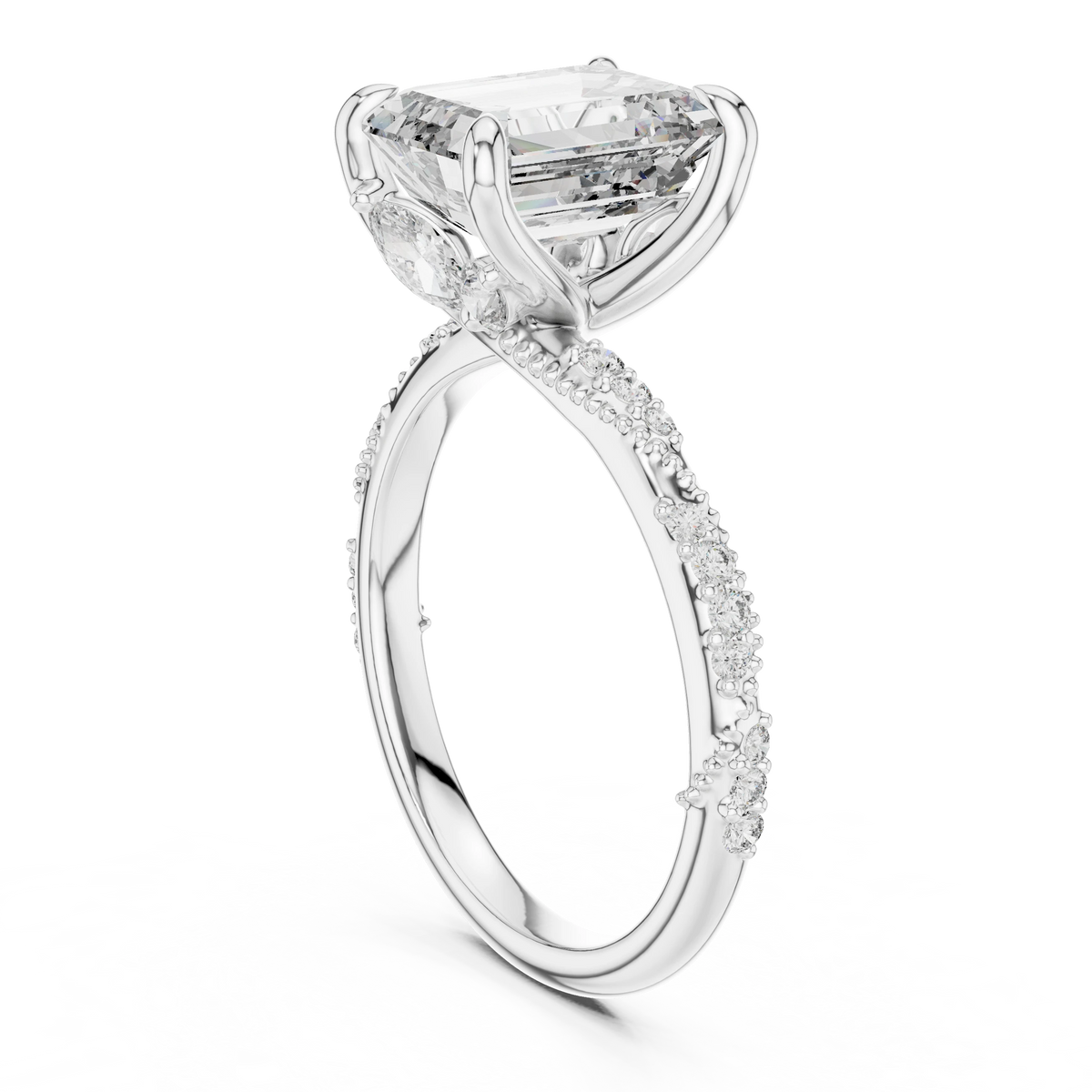 Emerald Cut Twisted Vine Moissanite Engagement Ring in white 925 sterling silver, view 1