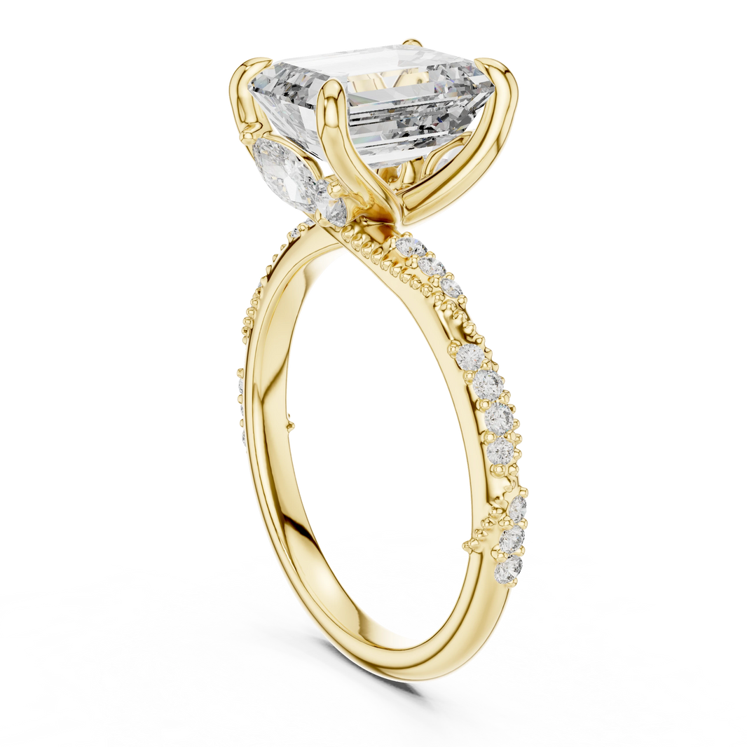 Emerald Cut Twisted Vine Moissanite Engagement Ring in yellow 925 sterling silver, view 1