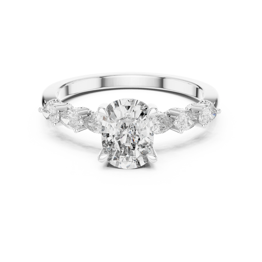 Elongated Cushion Pear Side Stone Moissanite Engagement Ring in white 925 sterling silver, view 4