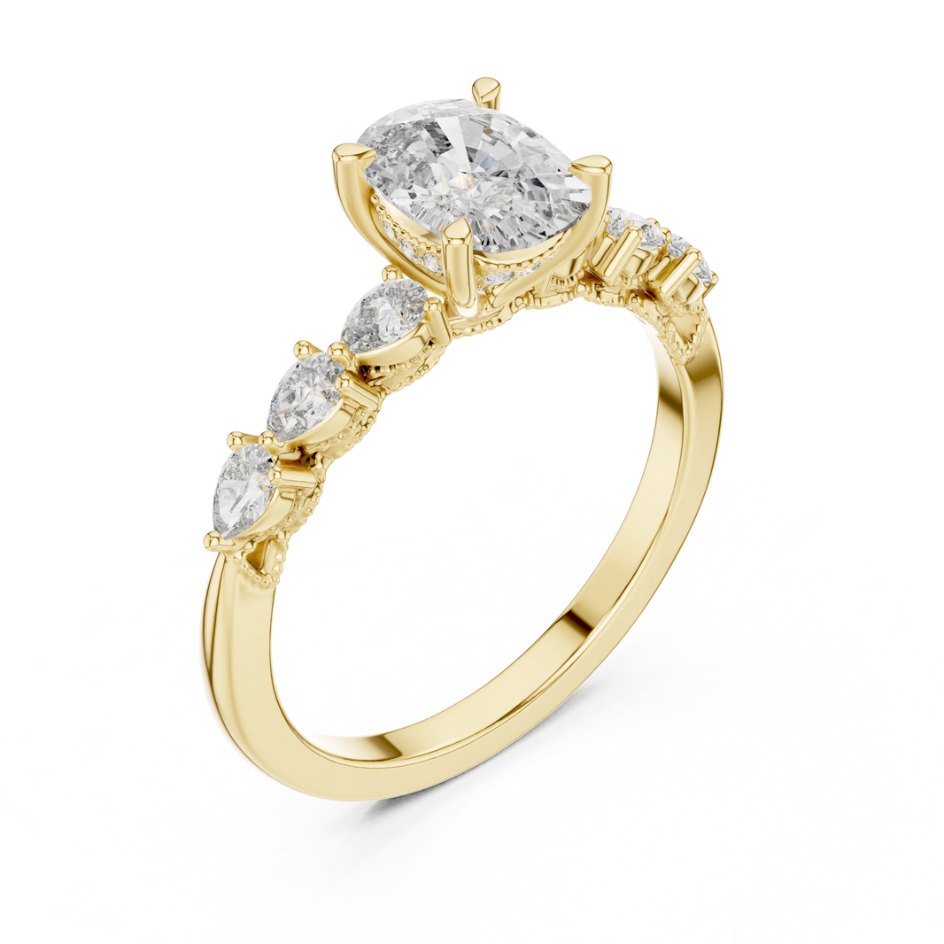 Elongated Cushion Pear Side Stone Moissanite Engagement Ring in yellow 925 sterling silver, view 2