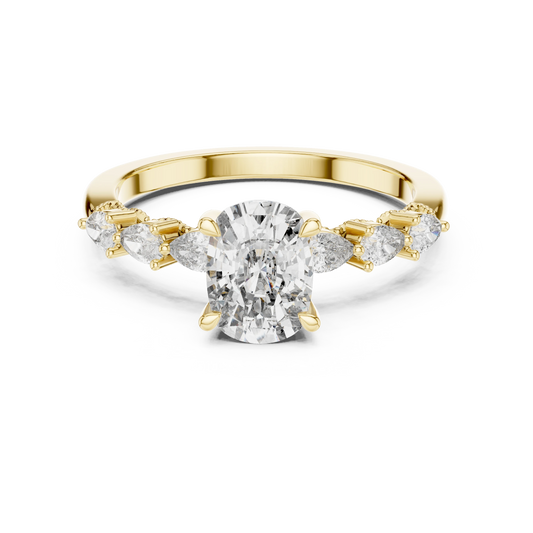 Elongated Cushion Pear Side Stone Moissanite Engagement Ring in yellow 925 sterling silver, view 4