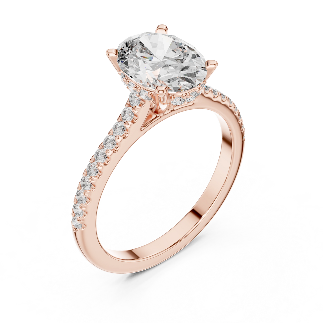 Oval Hidden Halo Cathedral Pavé Moissanite Engagement Ring in rose 925 sterling silver, view 2